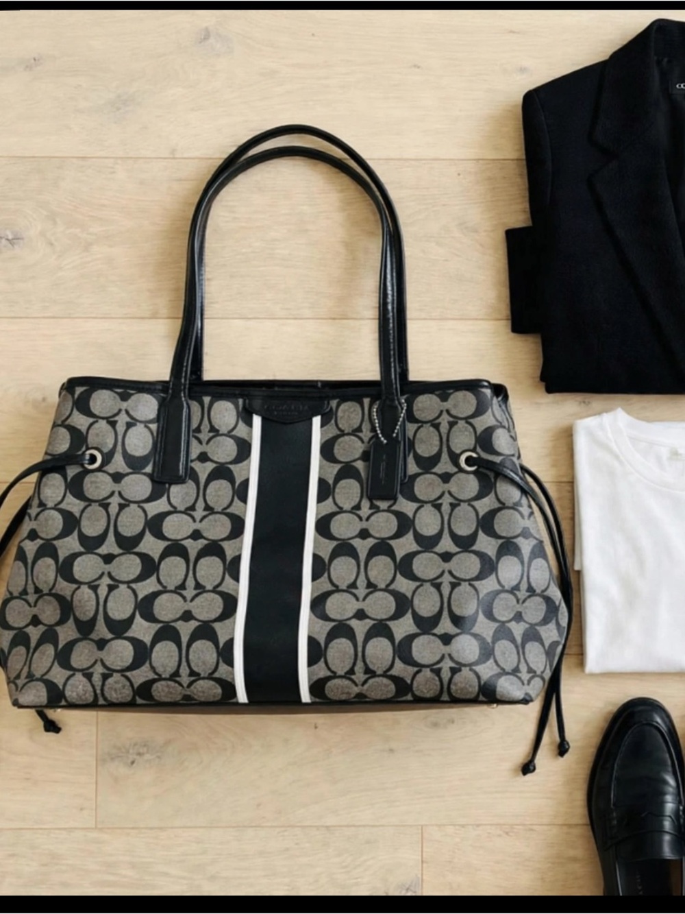 Coach Signature Heritage Stripe Drawstring Tote Black Grey Y2K Carryall